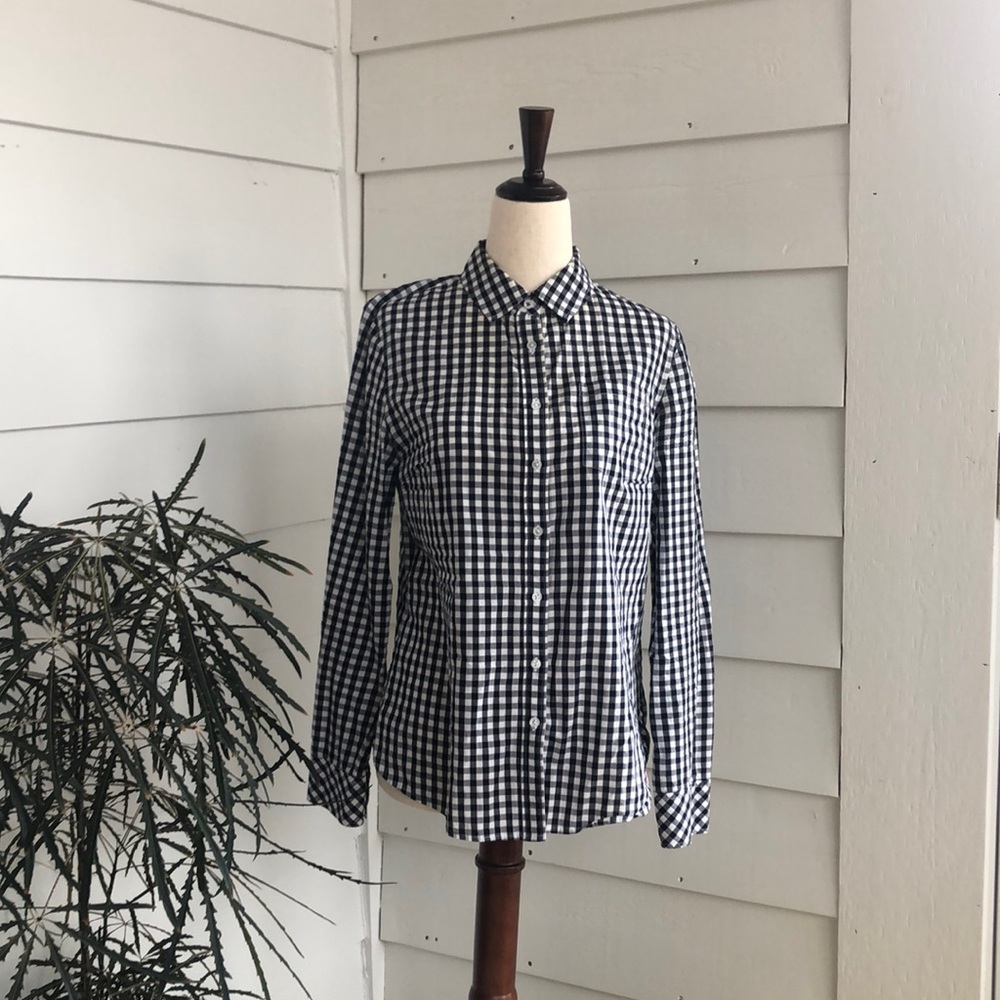 Talbots, size 2, indigo/white gingham check tailored blouse, 100% cotton